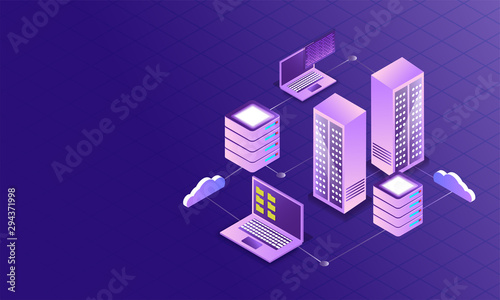 Data Management concept with 3d data server connected to laptop and cloud servers on purple background.