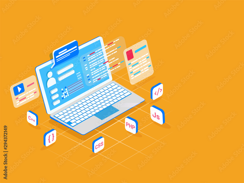 Programming concept based isometric design, laptop with user login ...