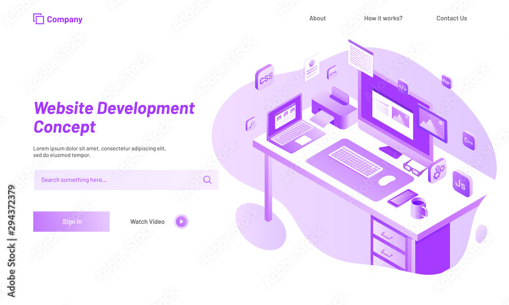 Website Development Concept, responsive landing page design with isometric illustration of working desk of a developer.