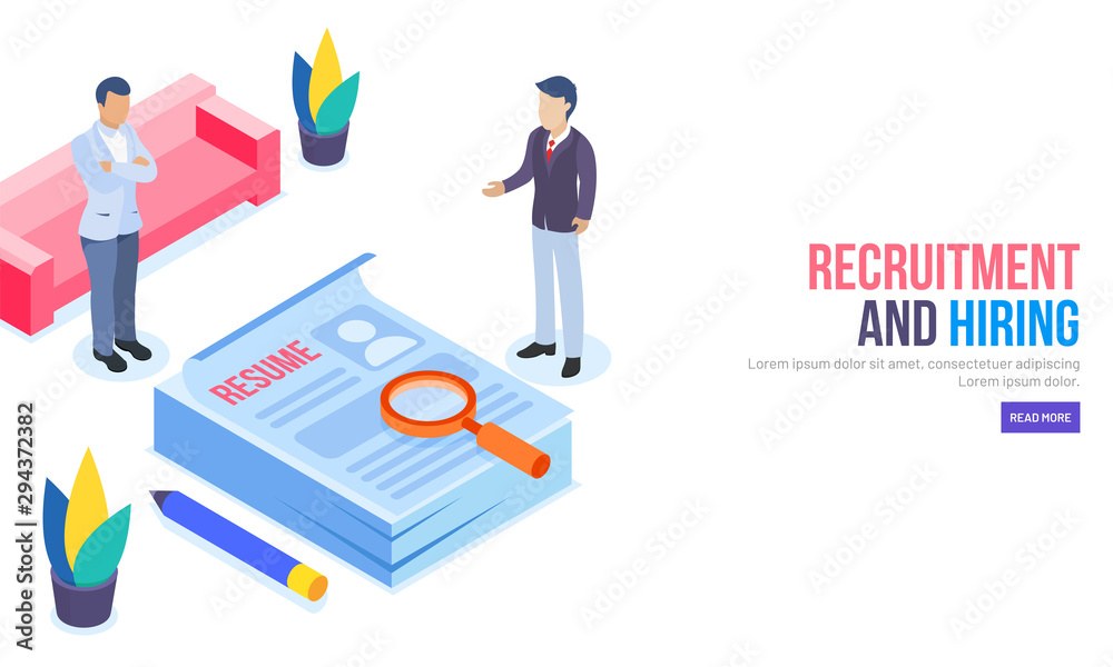 Isometric design for responsive web banner, people or employer discuss to each other, resume analysis for hiring or recruitment concept. Isometric design for responsive web banner, people or employer discuss to each other, resume analysis for hiring or recruitment concept.