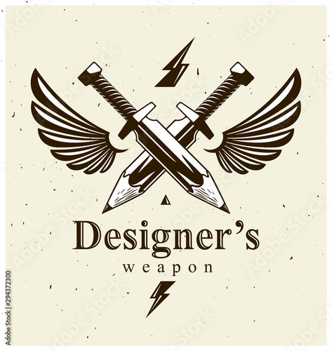 Idea is a weapon concept, weapon of a designer or artist allegory shown as two crossed swords with pencils instead of blades and wings, creative power, vector logo or icon.