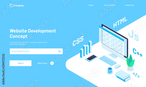 Isometric illustration of desktop with different programing languages or work place of a developer, Website Development concept hero image design.