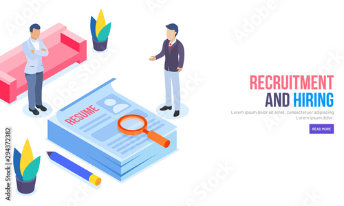 Isometric design for responsive web banner, people or employer discuss to each other, resume analysis for hiring or recruitment concept.