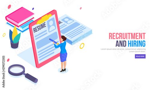 Lady employer analysis resume data  isometric design for responsive web template for Recruitment and Hiring concept.