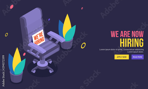 Responsive web template design with illustration of armchair for repotated designation on blue background for We Are Hiring concept.