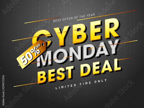 Best deals and offer on Cyber Monday sale with 50% discount offer on black background.