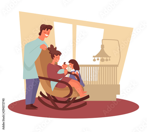 Family and newborn baby, siblings and parents, nursery room