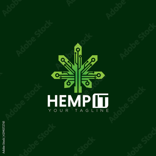 techy logo hemp it, with geometry leaf of cannabis and circuit vector