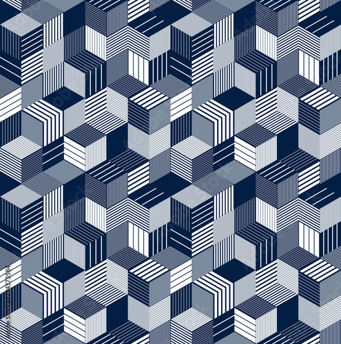 3D cubes seamless pattern vector background, lined dimensional blocks, architecture and construction, geometric design.