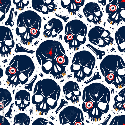 Seamless skulls background, vector pattern with crazy sculls, horror and death theme, Hard Rock and Rock N Roll subculture prints textile, hazard and danger.