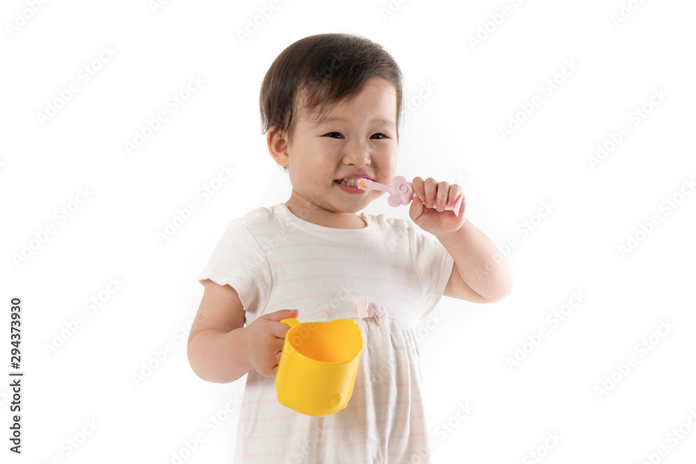 Children brushing their teeth in white background Children brushing their teeth in white background