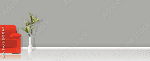Grey background interior wall, red sofa and flowers with copy space for your text