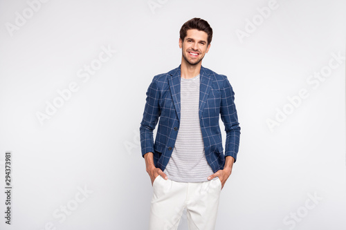 Portrait of attractive man worker wear checkered blue outift modern blazer jacket isolated over white background