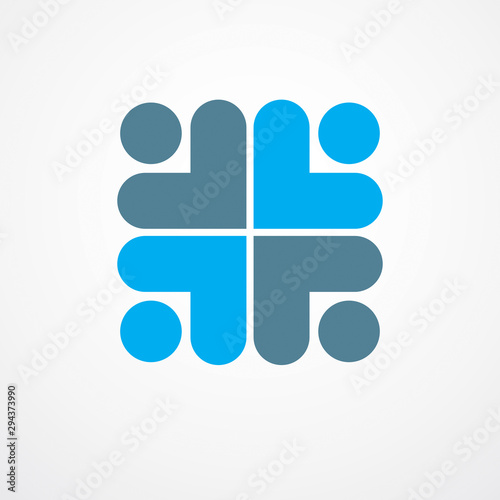 Teamwork and friendship concept created with simple geometric elements as a people crew. Vector icon or logo. Unity and collaboration idea, dream team of business people blue design.