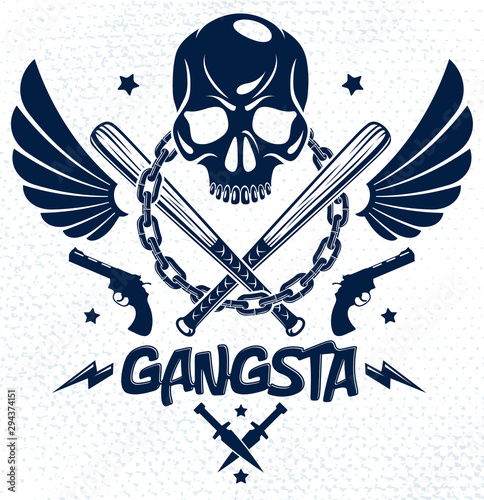 Brutal gangster emblem or logo with aggressive skull baseball bats and other weapons and design elements, vector anarchy crime or terrorism retro style, ghetto revolutionary.