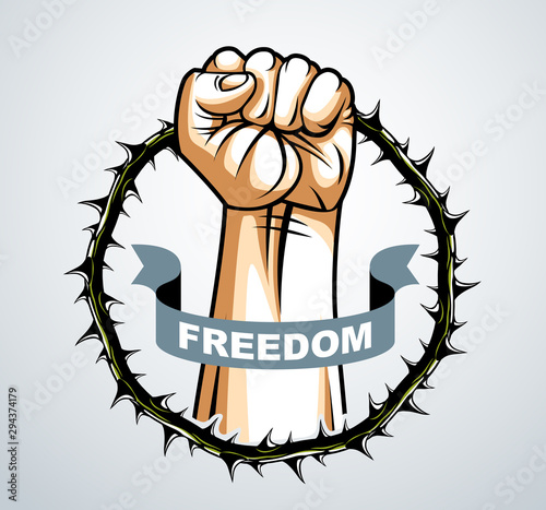 Slavery theme illustration with strong hand clenched fist fighting for freedom against blackthorn thorn, vector logo or tattoo, through the thorns to the stars concept.