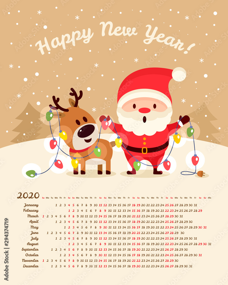 Vector calendar 2020 year. Week starts from Sunday Vector calendar 2020 year. Week starts from Sunday