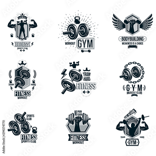 Set of vector bodybuilding theme emblems and advertising posters composed using dumbbells, barbells, kettle bells sport equipment and athlete perfect shapes.