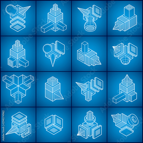 Isometric abstract vector shapes set.