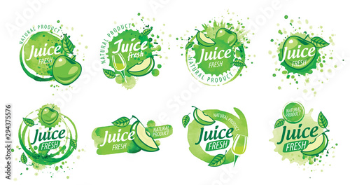 Set of vector logos splashing green Apple juice on white background