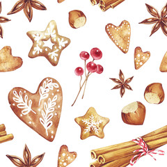 Crédence de cuisine Aquarelle ensemble 1 patrons Gingerbread. Hand drawn watercolor seamless pattern traditional cookies with icing sugar, gingerbread star,  heart, berries, cinnamon, nuts and ect. Elements for holiday, cards, wrapping paper.  © BloomPix