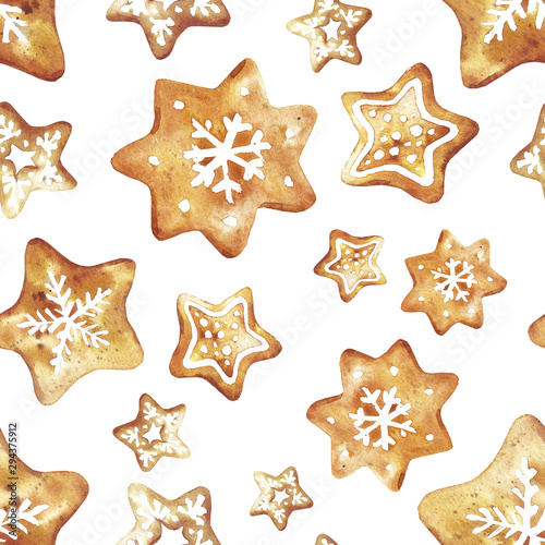 Gingerbread. Hand drawn watercolor seamless pattern traditional cookies with icing sugar, gingerbread star and snowflake. Elements for holiday, cards, wrapping paper.