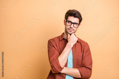 Canvas Print Close-up portrait of his he nice attractive serious focused minded brown-haired