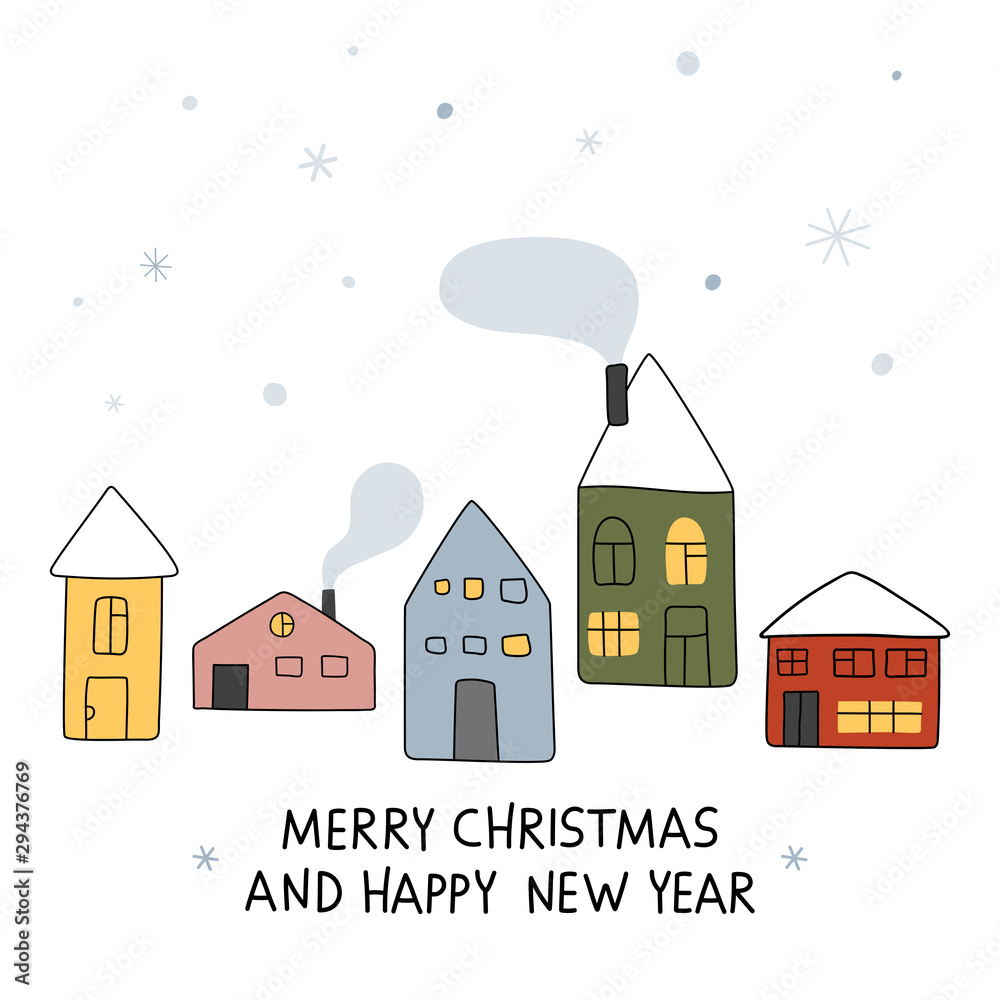 Creative hand drawn card with winter houses and stars: Happy New Year. Vector illustration for winter holidays and Christmas design