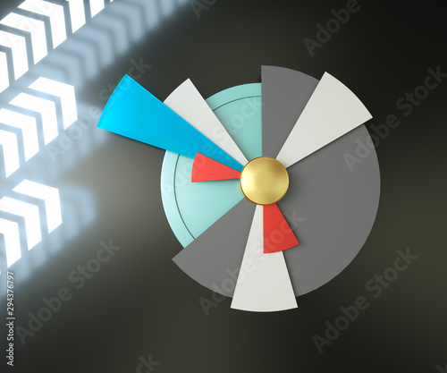 3d render of modern business Infographics circle pie chart with rise light arrows on black background