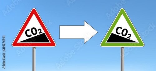 CO2 emission reduction triangular shape signs blue sky