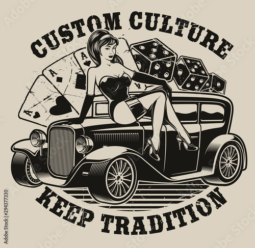 Black-white illustration with pin-up girl on a hot rod