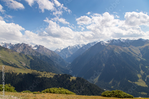 Mountain summer landscape. Snowy mountains and green grass. Peak Karakol Kyrgyzstan.