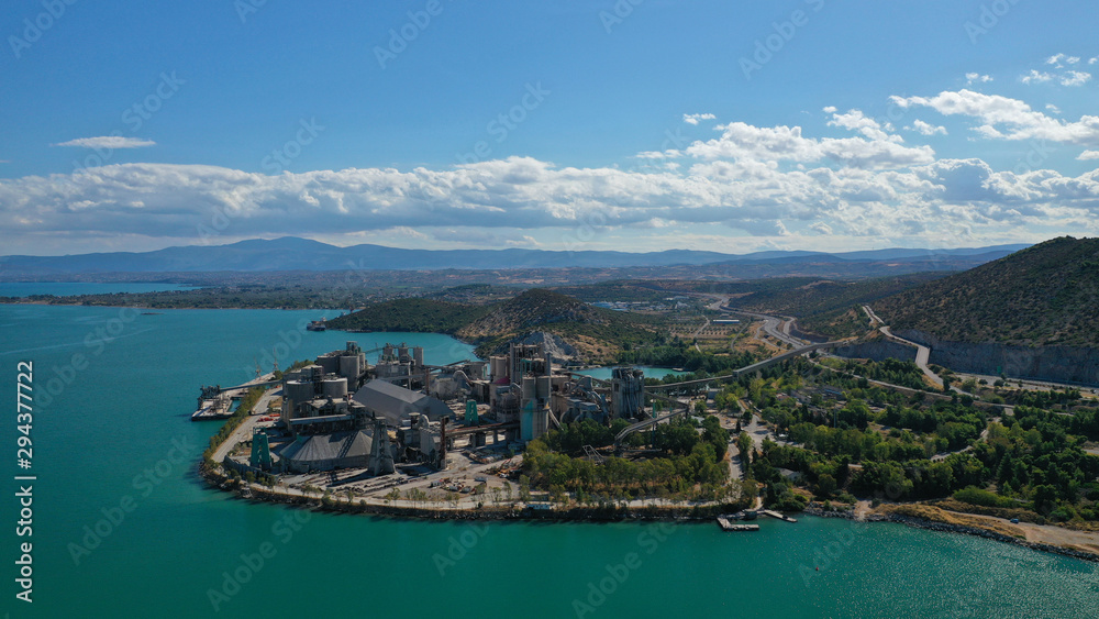 Aerial photo of industrial area near new bridge of Halkida or Chalkida, Greece