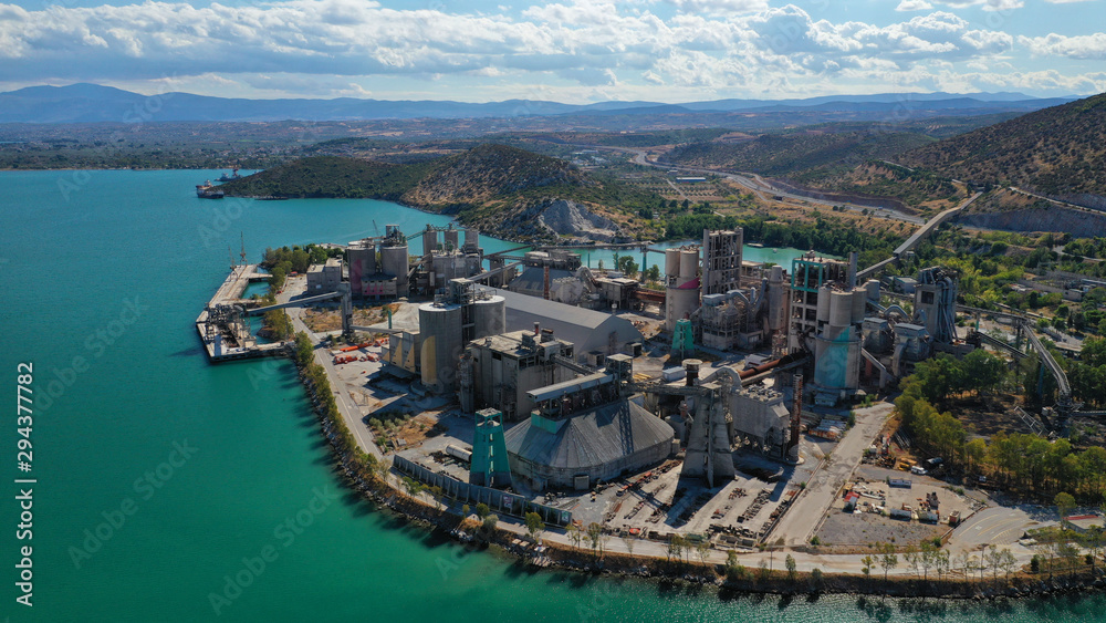 Aerial photo of industrial area near new bridge of Halkida or Chalkida, Greece