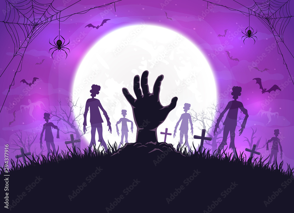 Purple Halloween Background with Zombies and Hand Purple Halloween Background with Zombies and Hand