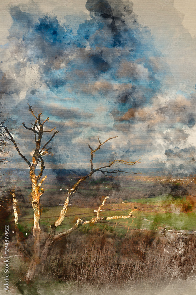 Obraz premium Digital watercolor painting of Beautiful Autumn Fall landscape of South Downs National Park in English countryside