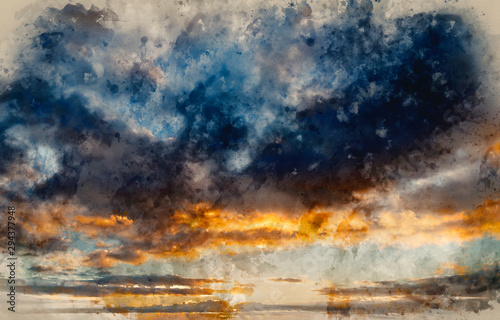 Digital watercolor painting of Beautiful colorful vibrant golden hour sunset skyscape with cloud formation and setting sun