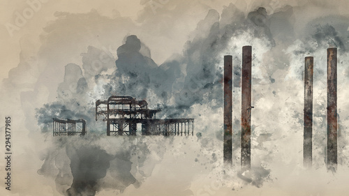 Tableau sur toile Digital watercolor painting of Landscape image of derelict Victorian West Pier a