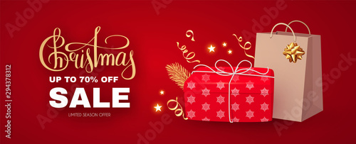 Christmas Sale banner with realistic gift box, shopping bag, serpentine, lettering and lights.