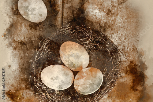 Digital watercolor painting of Fresh duck eggs in moody vintage retro style natural lighting set up photo