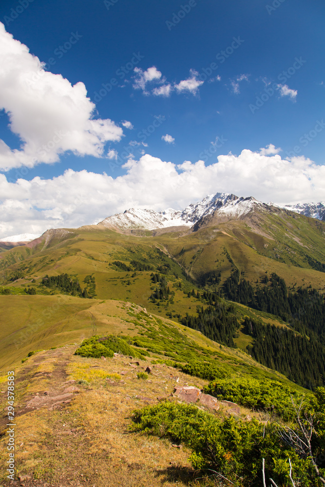 Mountain summer landscape. Snowy mountains and green grass. Peak Karakol Kyrgyzstan.