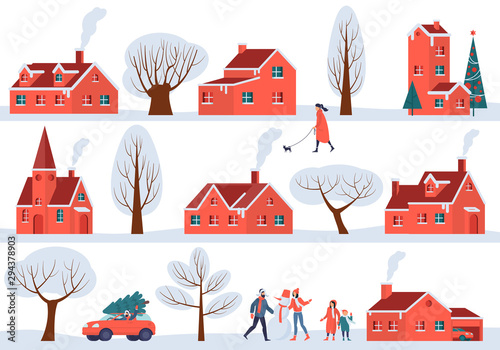 Winter sity street. Christmas and New Year vector design elements set. Old town buildings, houses and trees with snow. People characters, men, womwn and children. Winter outdoor activityes.