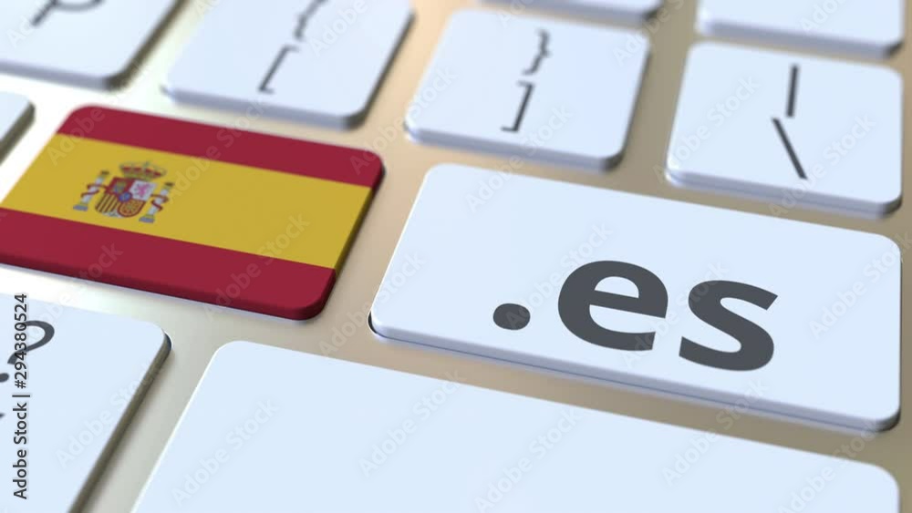Spanish domain .es and flag of Spain on the buttons on the computer keyboard. National internet related 3D animation