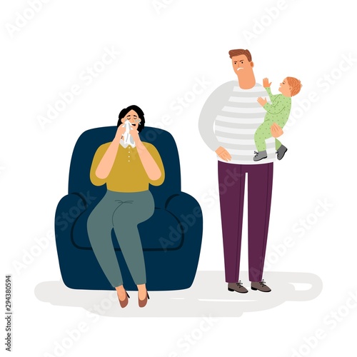 Postpartum depression. Angry man crying woman and baby. Vector postnatal depression concept