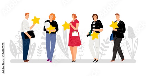 Customer reviews, feedback, five stars raiting. Flat people with golden stars vector illustration, ranging system