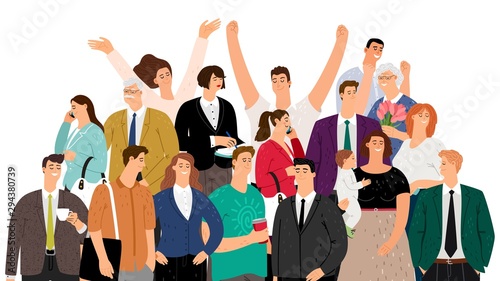 Flat people. Society vector concept. Crowd happy people isolated on white background. Smiling women men elderly