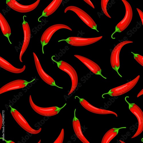 Red hot chilli peppers on black background, vector pattern