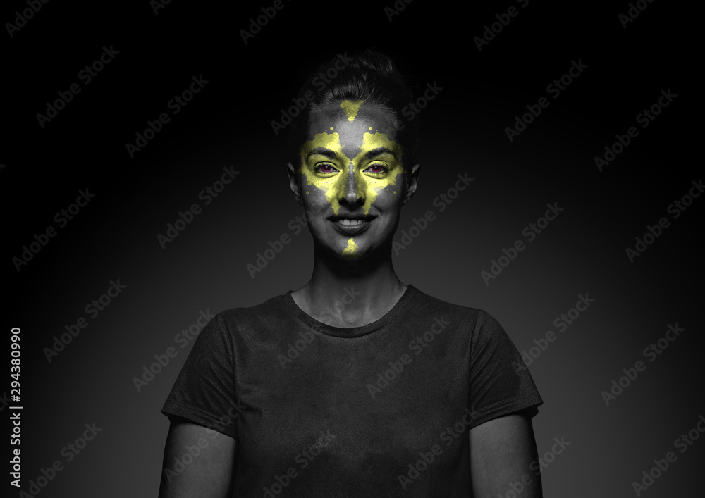 Discover what's inside you. Close up portrait of young woman isolated on black studio background. Bright neon light on the face. Halloween, scary look theme, october holidays, horror concept. Discover what's inside you. Close up portrait of young woman isolated on black studio background. Bright neon light on the face. Halloween, scary look theme, october holidays, horror concept.