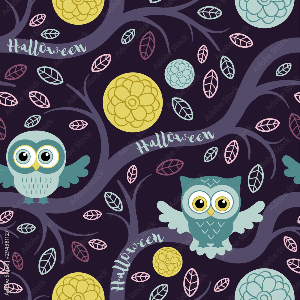 Fototapeta premium Owls in the night forest seamless pattern. Owls on a tree. Vector halloween background for fabric, textile, wallpaper, posters, gift wrapping paper, napkin.