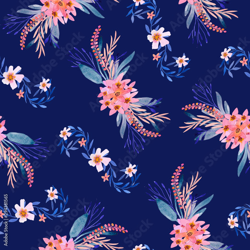 Floral watercolor seamless pattern with bouquets of wild herbs and flowers.